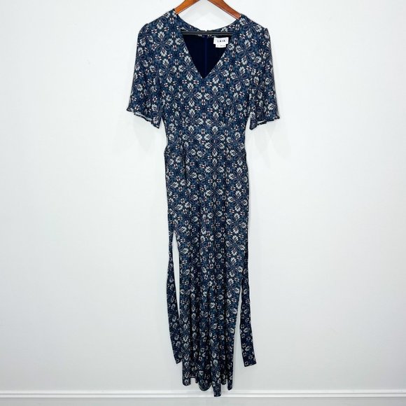 Anthropologie LAIA Norma Wide Leg Tie Waist Jumpsuit in Blue Floral Motif Print - Picture 4 of 17